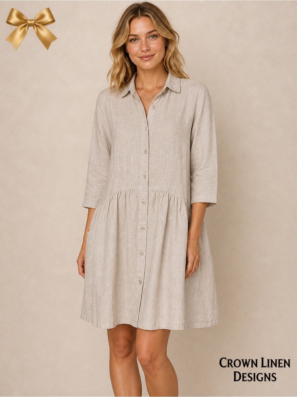 Crown Linen Designs New Linen Shirt Dress Tunic Beige Size Small NWT